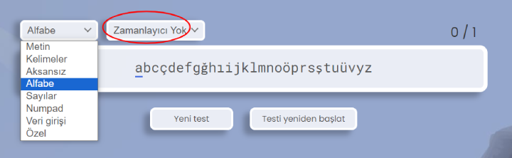 Alfabe hızlı yazma testi.