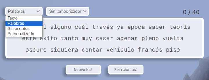 Opciones de prueba de mecanografía.