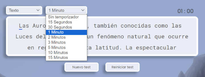 Opciones de tiempo de la prueba de mecanografía.