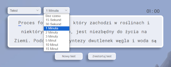 Opcje czasowe testu pisania na klawiaturze.
