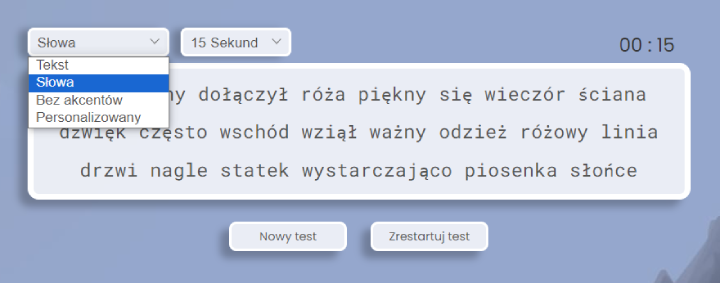 Opcje testu pisania na klawiaturze.