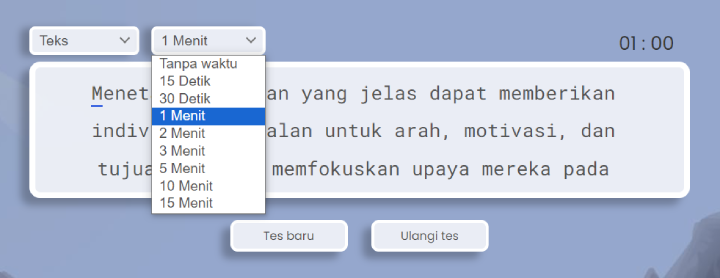 Opsi timer tes mengetik.