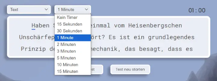 Optionen für die Dauer des Tipp-Tests.