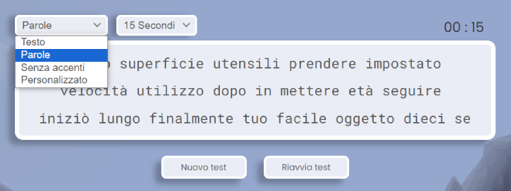 Opzioni della prova di battitura.