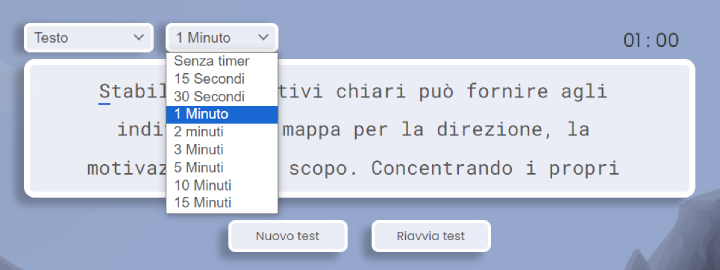 Opzioni di tempo del test di dattilografia.