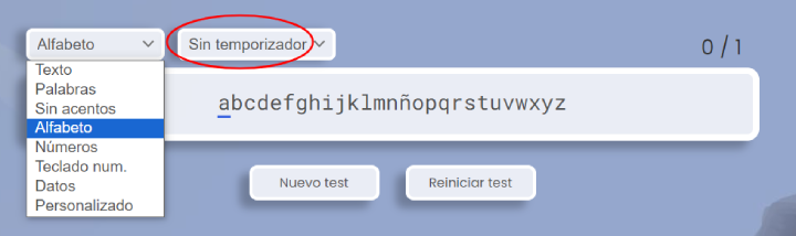 Prueba de mecanografía con el alfabeto.