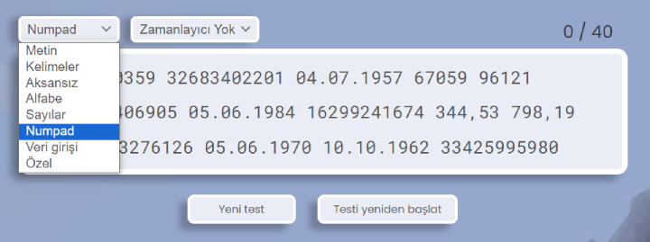 Sayısal tuş takımı yazma testi.