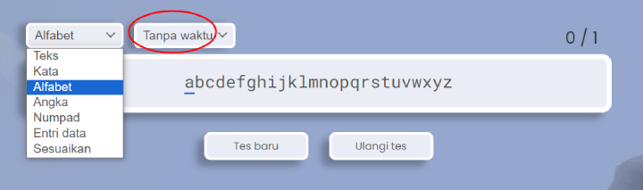 Tes mengetik cepat alfabet.