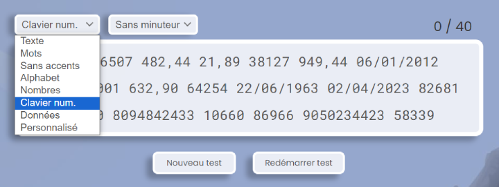 Test de frappe au pavé numérique.