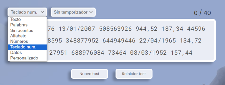 Test de mecanografía para teclado numérico.