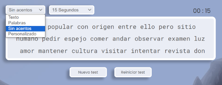 Test de mecanografía sin acentos.