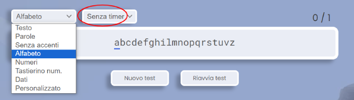 Test di battitura con l'alfabeto.