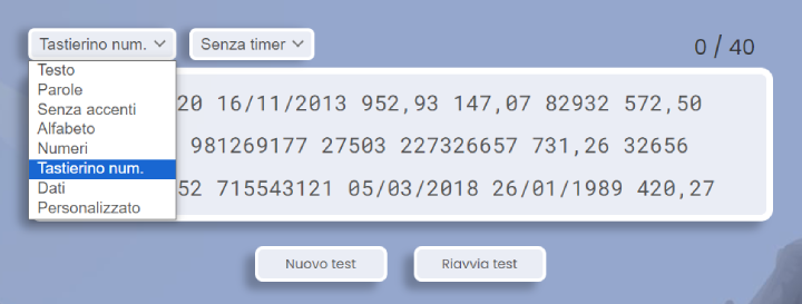 Test di battitura sul tastierino numerico.