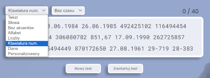 Test pisania na klawiaturze numerycznej.