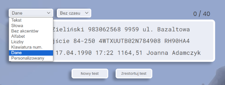 Test wprowadzania danych.
