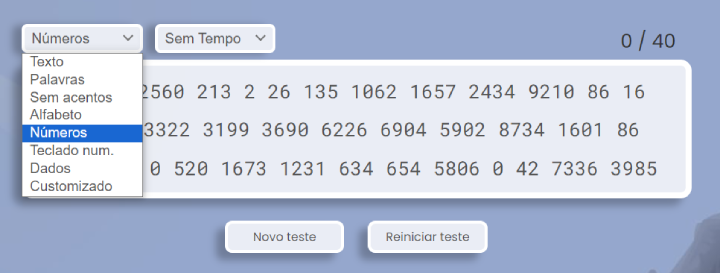Teste de digitação com números.