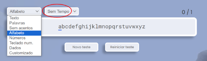 Teste de digitação com o alfabeto.