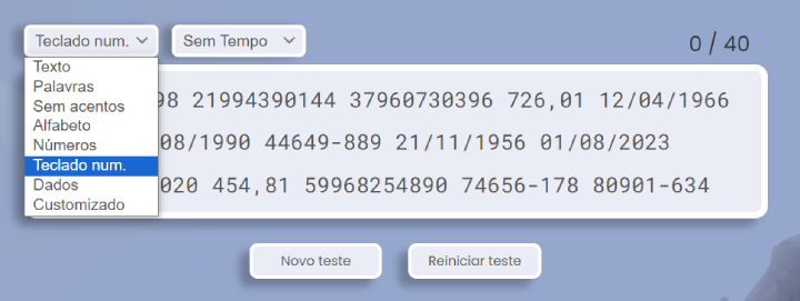 Teste de digitação com o teclado numérico.
