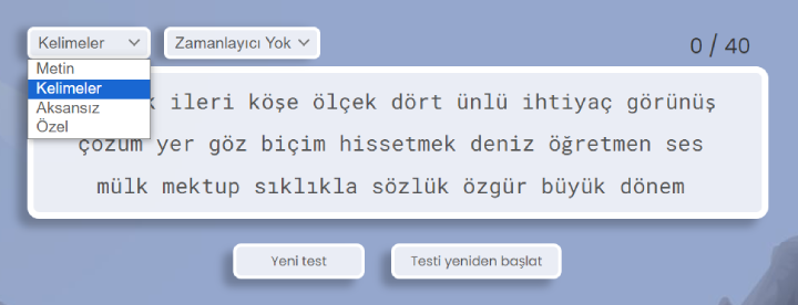 yazma testi seçenekleri