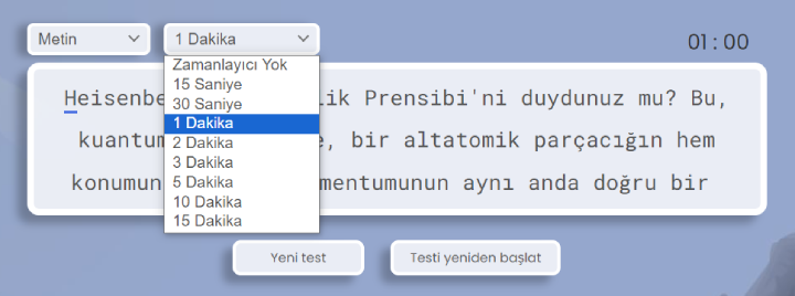 yazma testi zaman seçenekleri